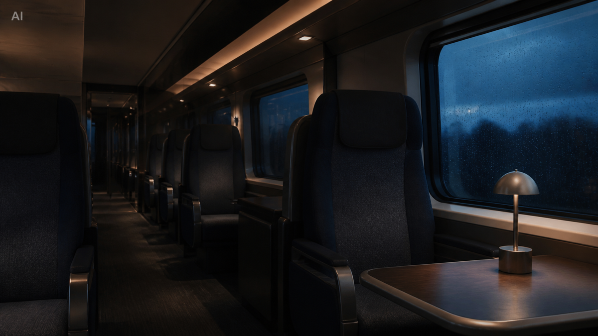 Train interior photo with an AI SAMPLE watermark before repair